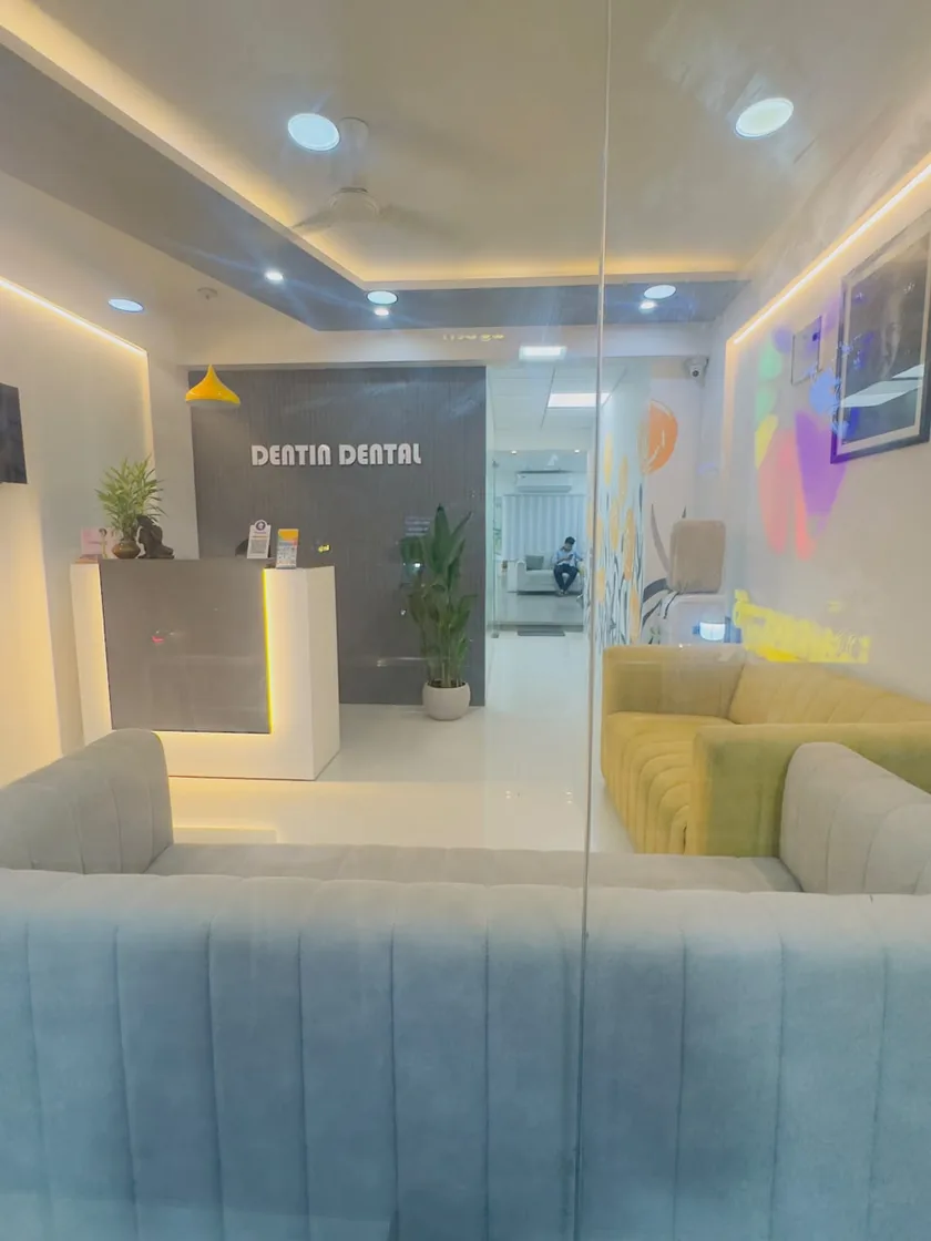 Clinic reception and waiting lobby at DENTIN Multispeciality Dental Clinic & Implant Center, HSR Layout Bengaluru